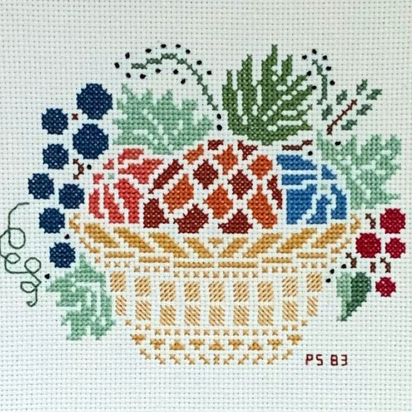VTG Cross Stitch Fruit Basket Pineapple Grapes Completed Framed Embroidery Art - Picture 1 of 9